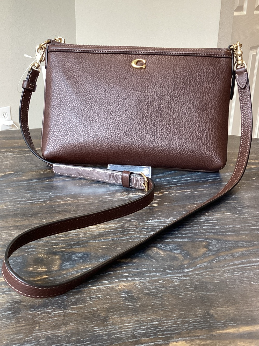 Coach Brown Refined Pebbled Leather Top Zip Crossbody